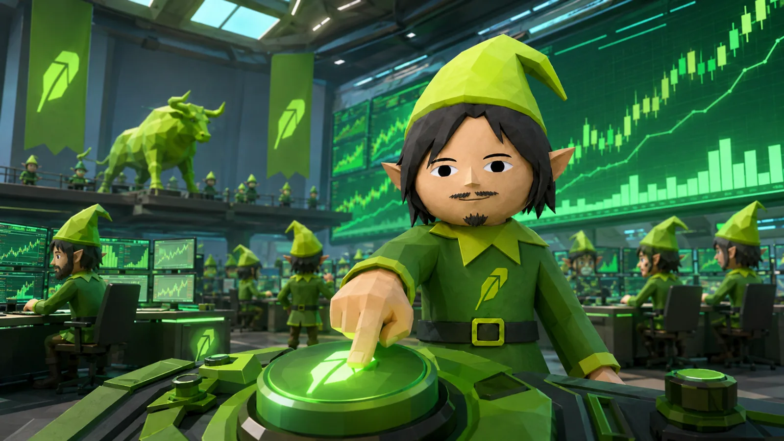 An elf pressing the buy button on the $ELVES trading floor